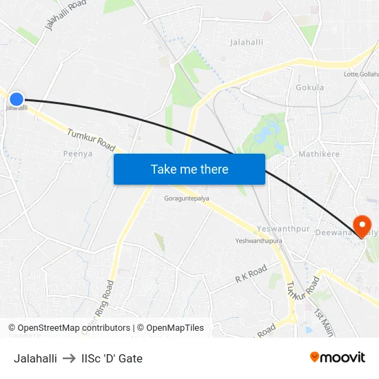 Jalahalli to IISc 'D' Gate map
