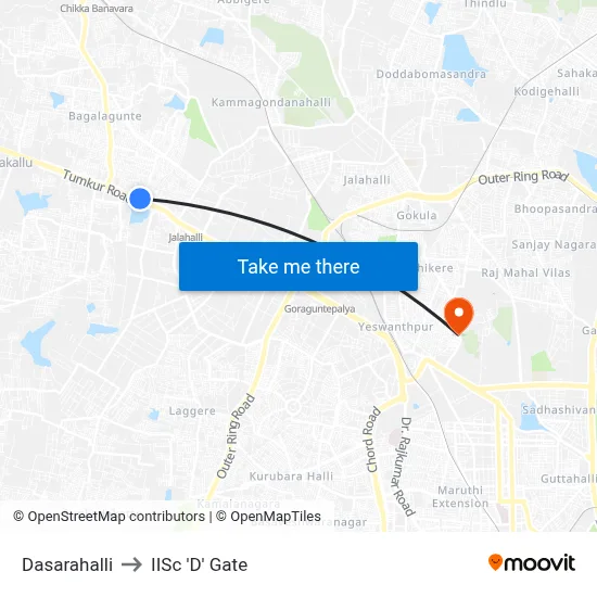 Dasarahalli to IISc 'D' Gate map