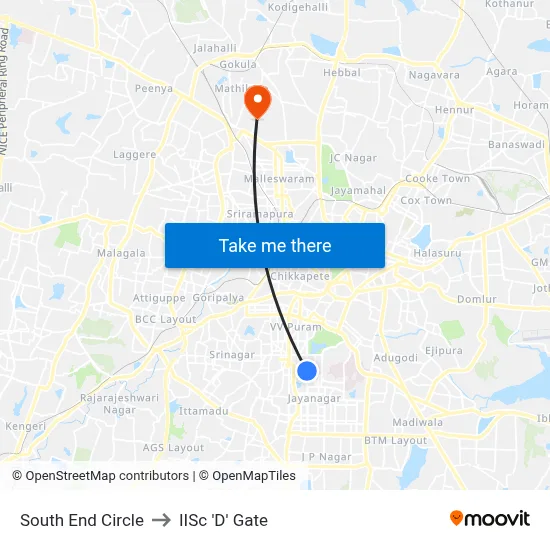 South End Circle to IISc 'D' Gate map