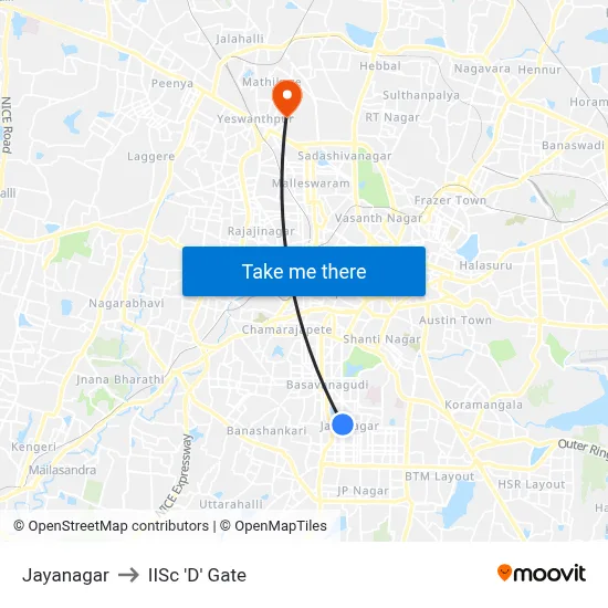 Jayanagar to IISc 'D' Gate map