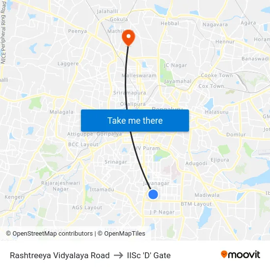 Rashtreeya Vidyalaya Road to IISc 'D' Gate map