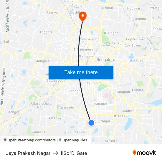 Jaya Prakash Nagar to IISc 'D' Gate map