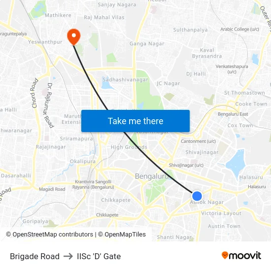 Brigade Road to IISc 'D' Gate map