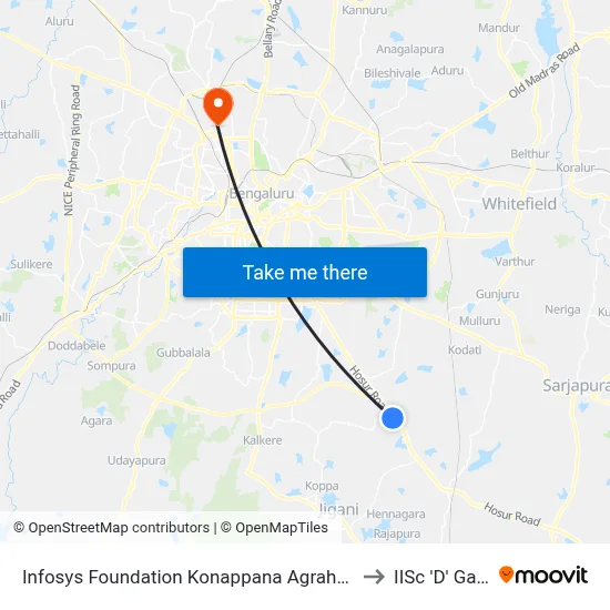 Infosys Foundation Konappana Agrahara to IISc 'D' Gate map