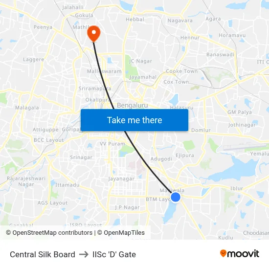 Central Silk Board to IISc 'D' Gate map