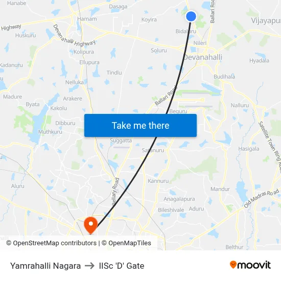 Yamrahalli Nagara to IISc 'D' Gate map