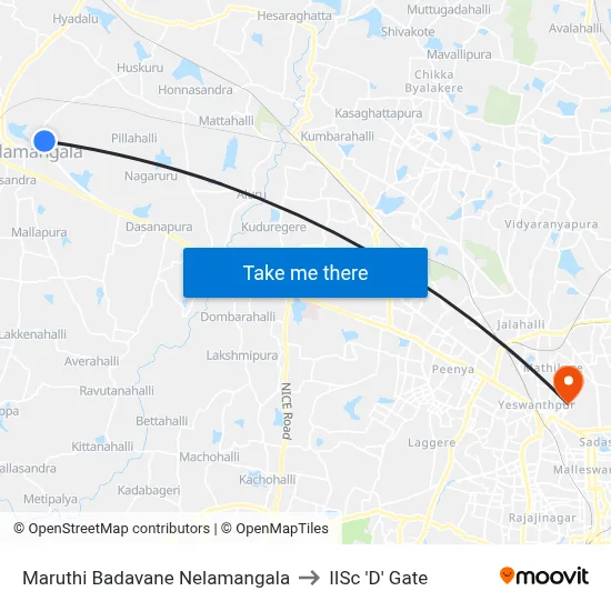 Maruthi Badavane Nelamangala to IISc 'D' Gate map