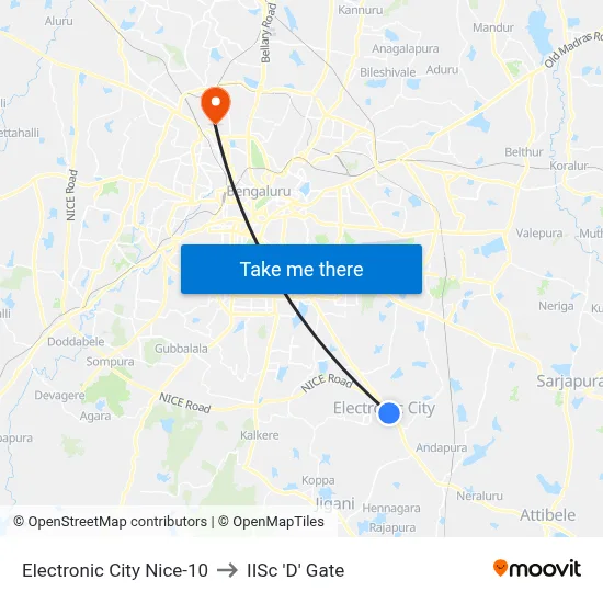 Electronic City Nice-10 to IISc 'D' Gate map