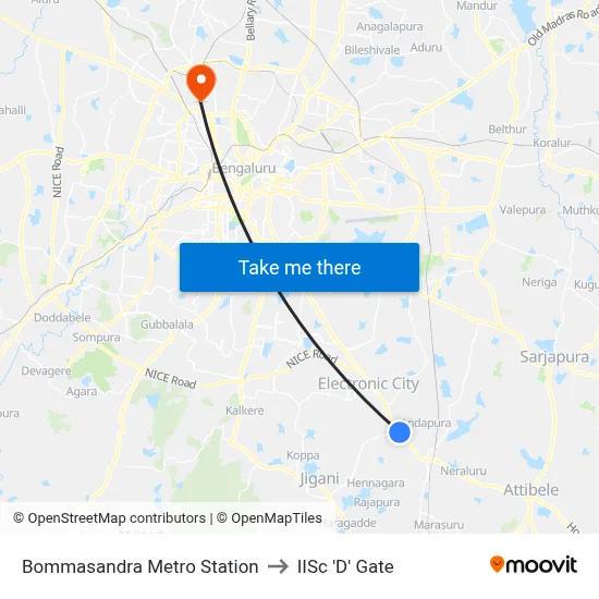 Bommasandra Metro Station to IISc 'D' Gate map
