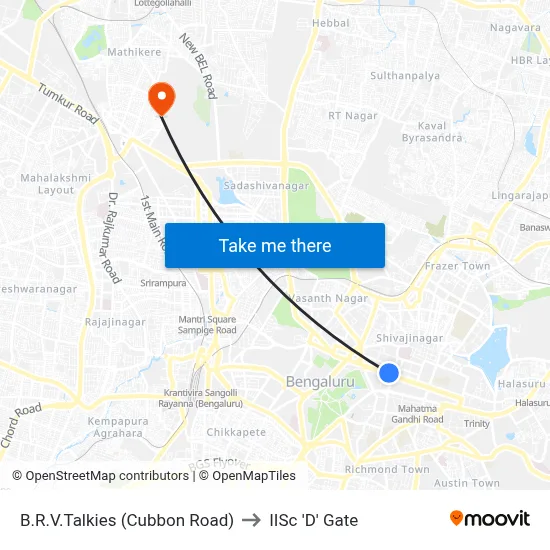 B.R.V.Talkies (Cubbon Road) to IISc 'D' Gate map