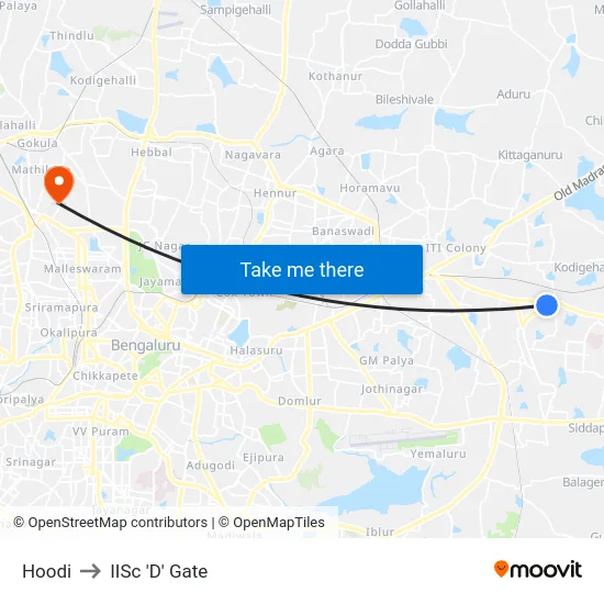 Hoodi to IISc 'D' Gate map
