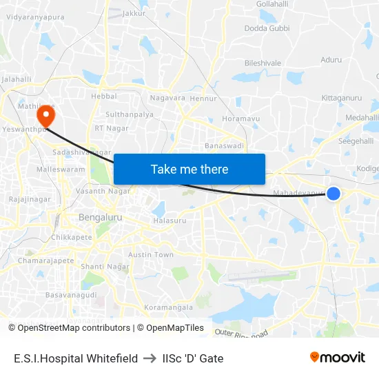 E.S.I.Hospital Whitefield to IISc 'D' Gate map