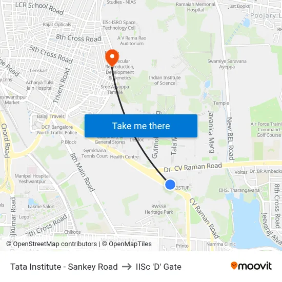 Tata Institute - Sankey Road to IISc 'D' Gate map