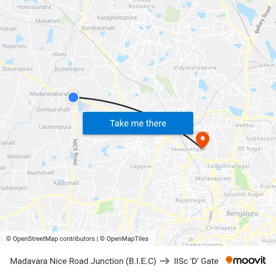 Madavara Nice Road Junction (B.I.E.C) to IISc 'D' Gate map