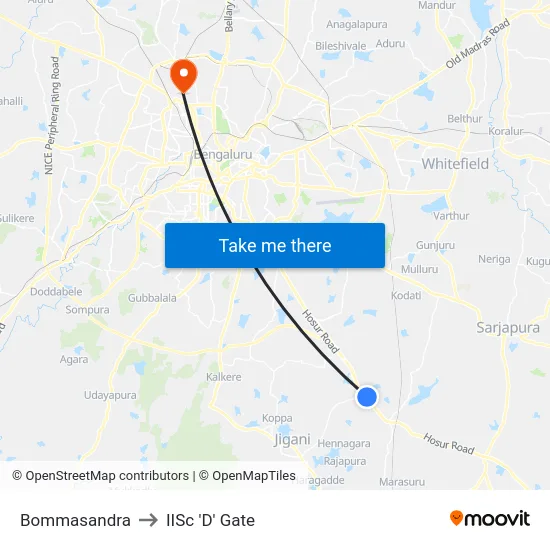 Bommasandra to IISc 'D' Gate map