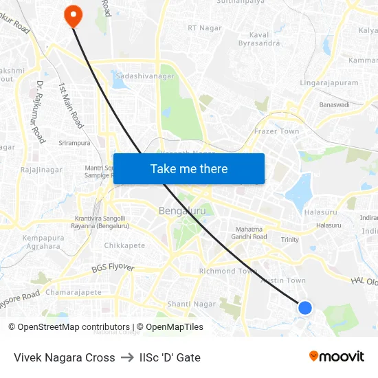 Vivek Nagara Cross to IISc 'D' Gate map