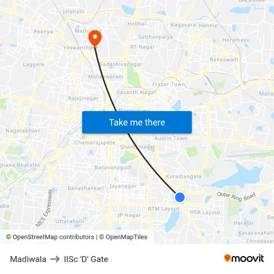 Madiwala to IISc 'D' Gate map