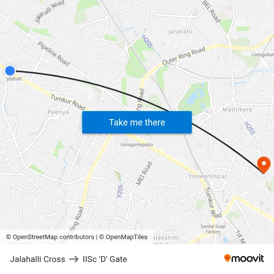 Jalahalli Cross to IISc 'D' Gate map
