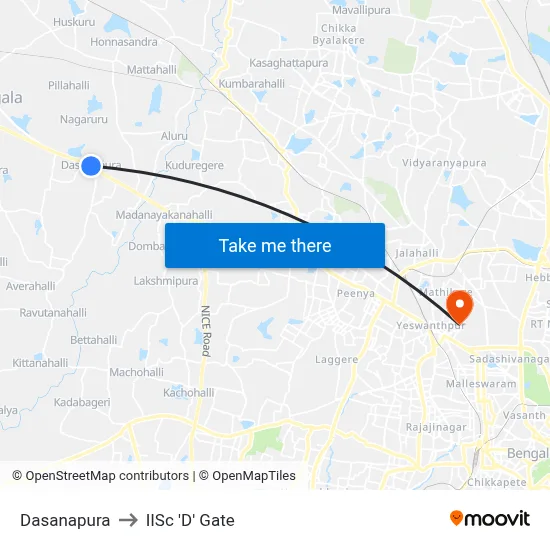 Dasanapura to IISc 'D' Gate map