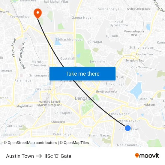 Austin Town to IISc 'D' Gate map