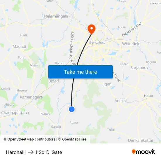 Harohalli to IISc 'D' Gate map