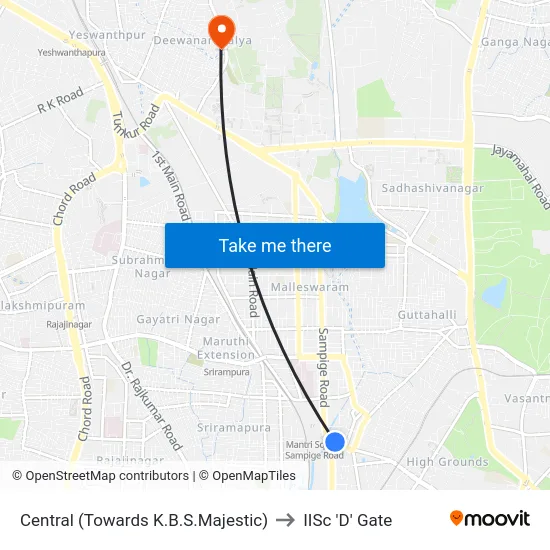 Central (Towards K.B.S.Majestic) to IISc 'D' Gate map