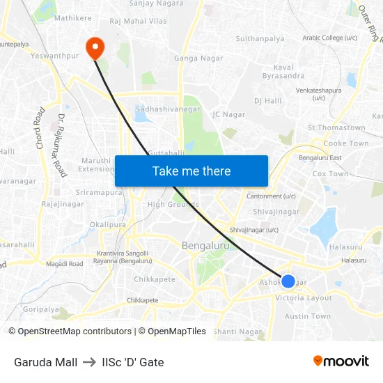 Garuda Mall to IISc 'D' Gate map