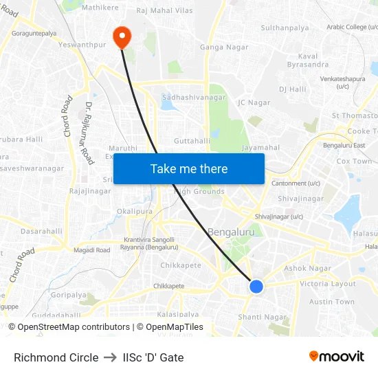 Richmond Circle to IISc 'D' Gate map