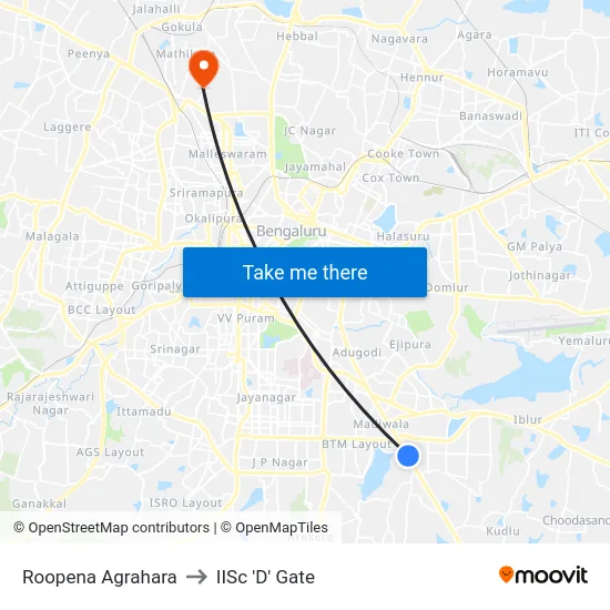 Roopena Agrahara to IISc 'D' Gate map