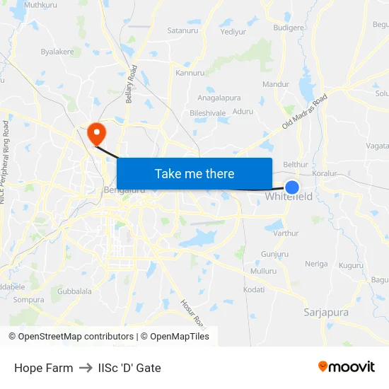 Hope Farm to IISc 'D' Gate map