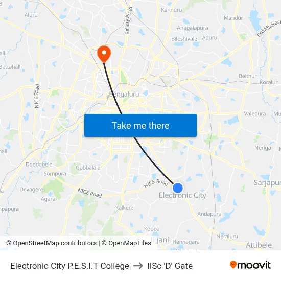 Electronic City P.E.S.I.T College to IISc 'D' Gate map