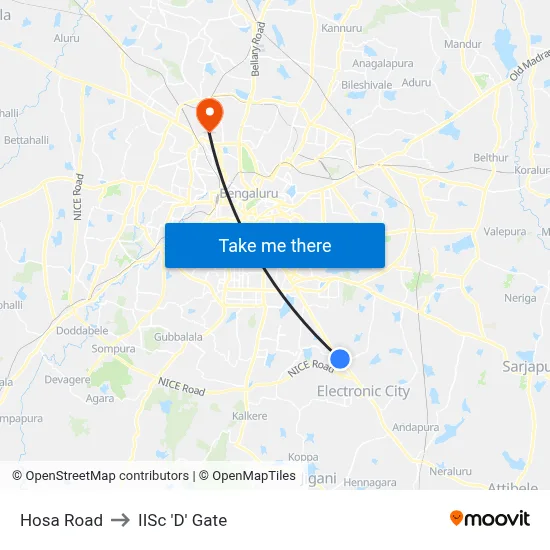Hosa Road to IISc 'D' Gate map