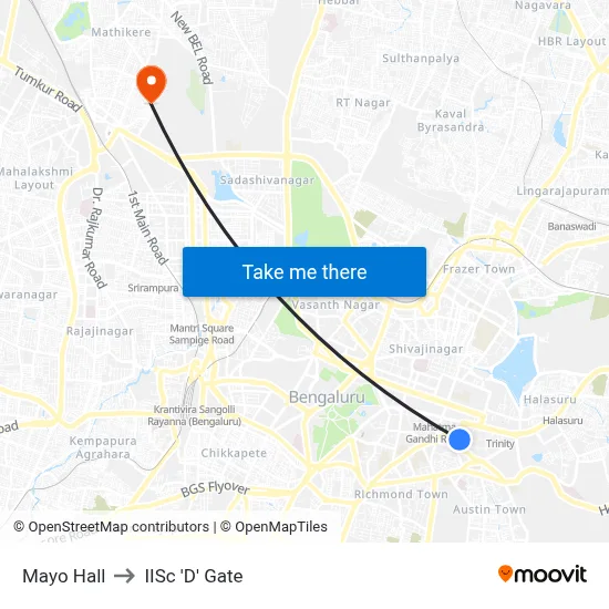 Mayo Hall to IISc 'D' Gate map