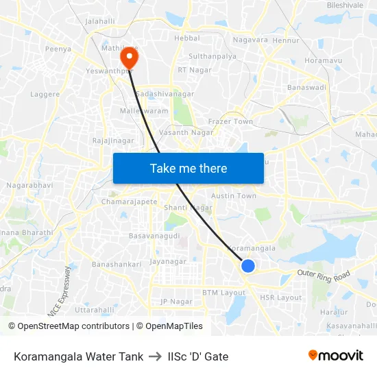 Koramangala Water Tank to IISc 'D' Gate map