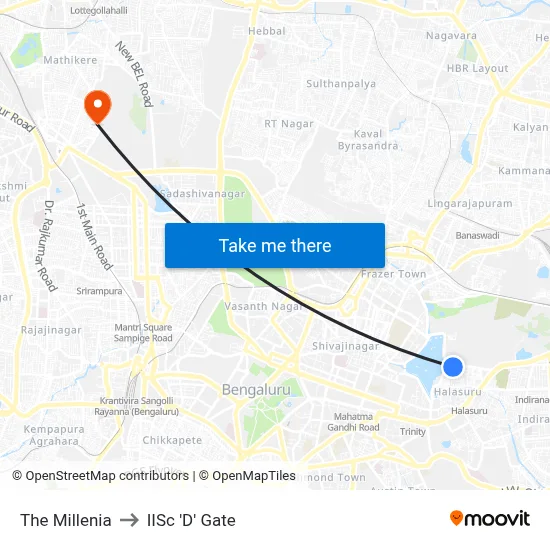 The Millenia to IISc 'D' Gate map