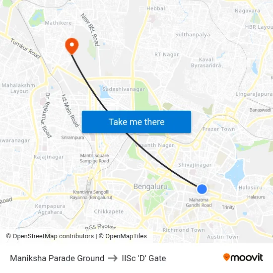 Maniksha Parade Ground to IISc 'D' Gate map