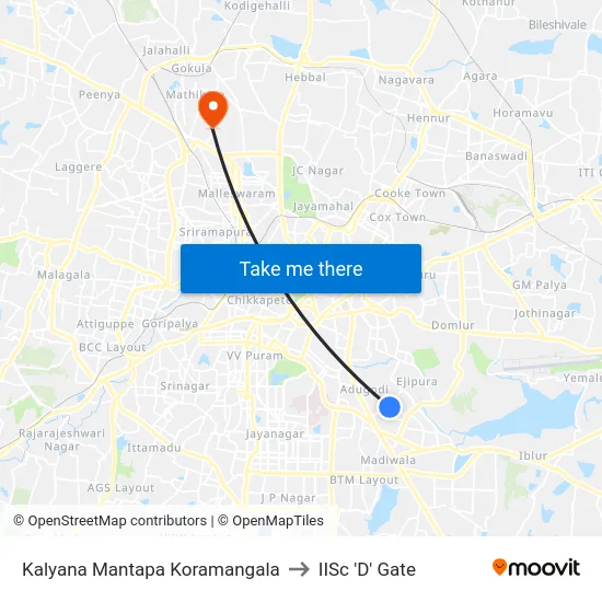 Kalyana Mantapa Koramangala to IISc 'D' Gate map