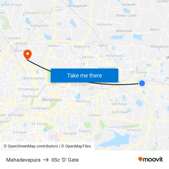 Mahadevapura to IISc 'D' Gate map
