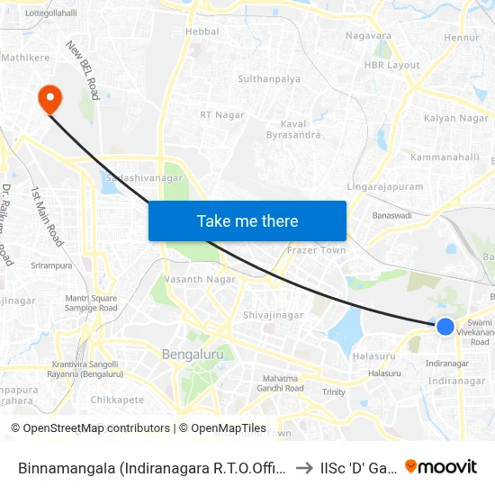 Binnamangala (Indiranagara R.T.O.Office) to IISc 'D' Gate map