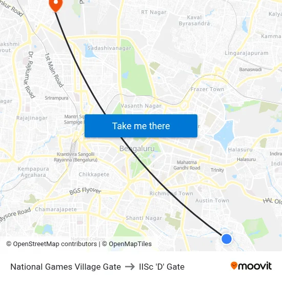 National Games Village Gate to IISc 'D' Gate map