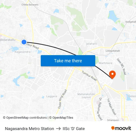 Nagasandra Metro Station to IISc 'D' Gate map