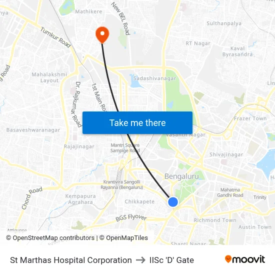 St Marthas Hospital Corporation to IISc 'D' Gate map