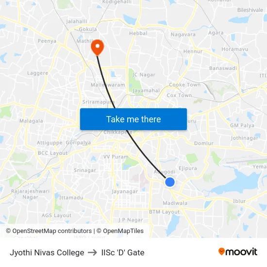 Jyothi Nivas College to IISc 'D' Gate map