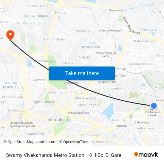 Swamy Vivekananda Metro Station to IISc 'D' Gate map