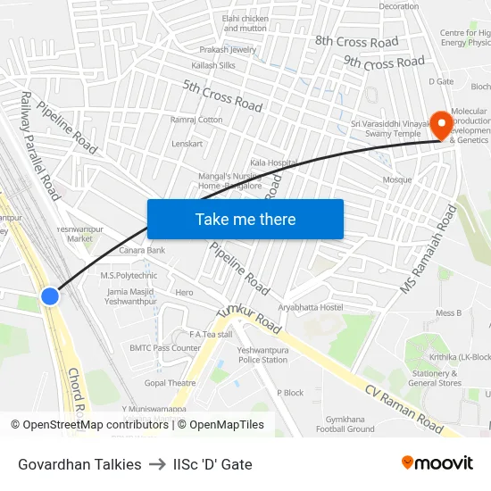 Govardhan Talkies to IISc 'D' Gate map