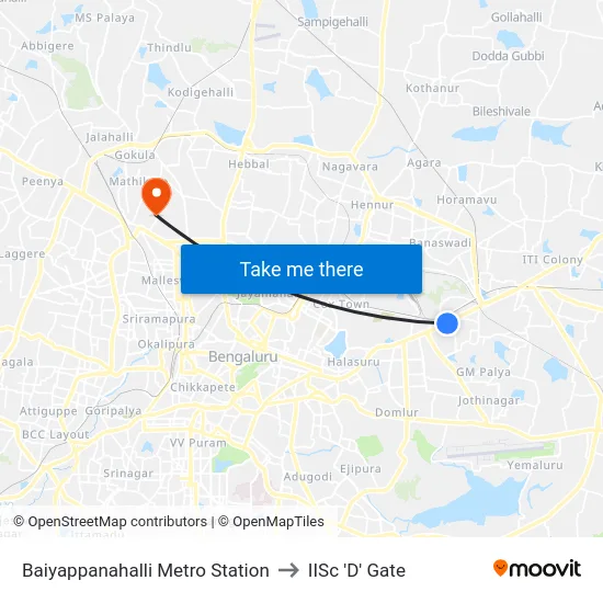 Baiyappanahalli Metro Station to IISc 'D' Gate map
