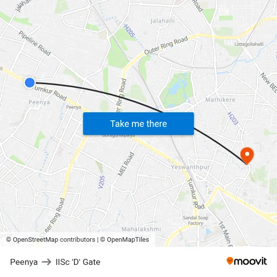 Peenya to IISc 'D' Gate map
