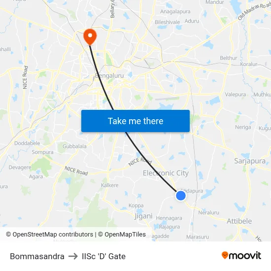 Bommasandra to IISc 'D' Gate map