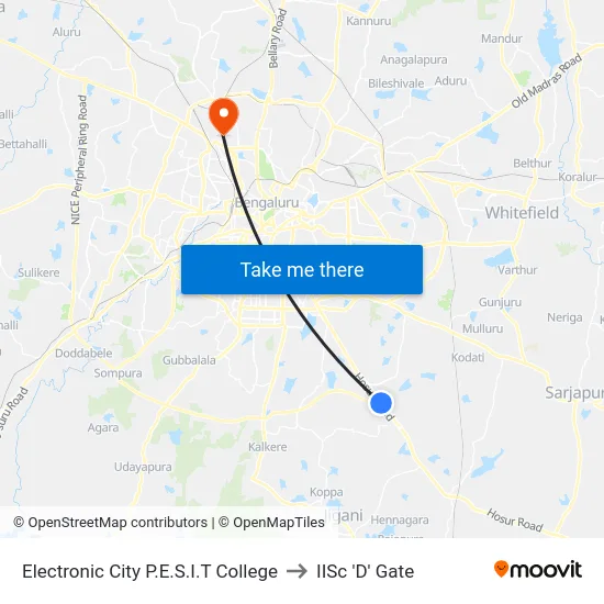 Electronic City P.E.S.I.T College to IISc 'D' Gate map