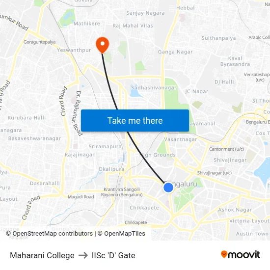 Maharani College to IISc 'D' Gate map